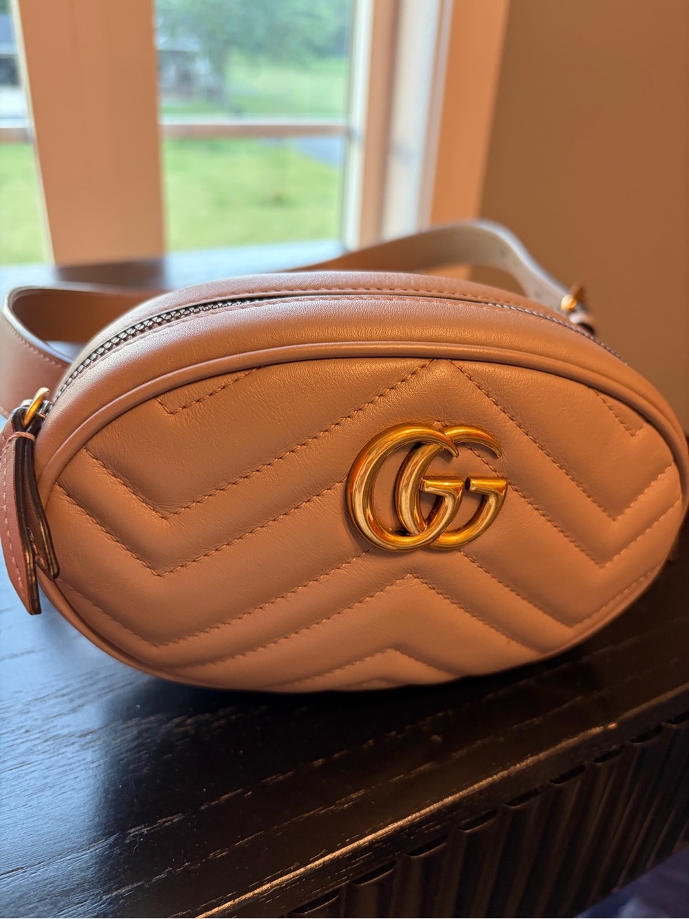 Gucci Small tan Quilted Leather Crossbody with Gold GG
